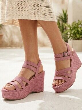 Lucky Brand Carlisha Wedge Platform Sandal Rose Vada Woven Pink 7.5M NEW!